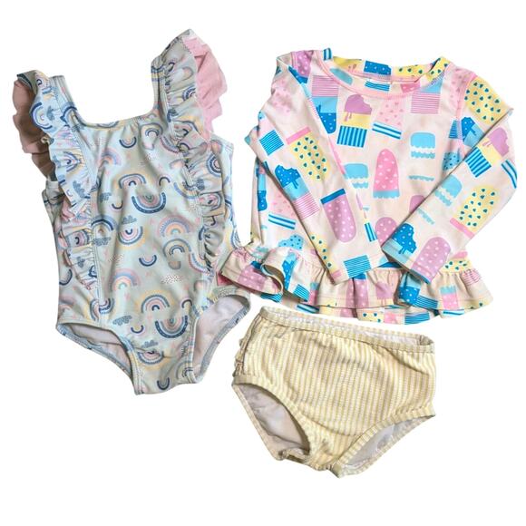 Ruffle Butts 2T Girl Toddler Blue Pink Rainbow Rash Guard One Piece Swimsuit Set - Picture 1 of 16